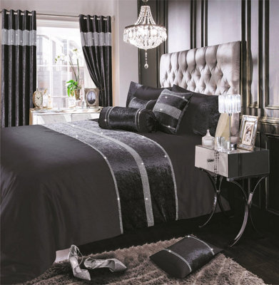 Intimates Chic Bedroom Decor, Luxury Crushed Velvet & Faux Silk Duvet Cover Set With Pillowcases - Machine Washable Bed Linen - Charcoal