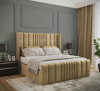 Adore Designs Miami Winged Plush Velvet Sleigh Bed, With Footboard - 6Ft Super King - Coffee