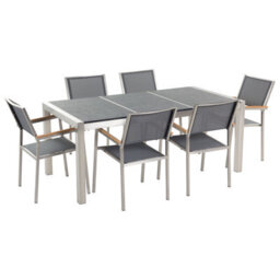 Beliani Garden Dining Set 6 Seater Grosseto Triple Plate Basalt Flamed Black/ Grey - thumbnail 1