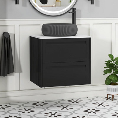Royal Bathrooms Royal Bathroom Elmore 600mm Nocturne Black Wall Mounted Bathroom Vanity Unit 2 Drawer Plain White Worktop With Milan Black Basin - image 1