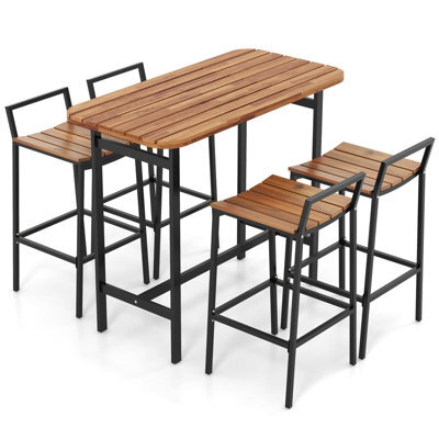 Costway 5 Piece Acacia Wood Bar Table & Chairs Set Patio Bistro Set For 4 - image 1