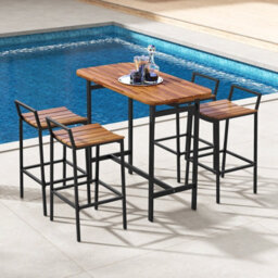 Costway 5 Piece Acacia Wood Bar Table & Chairs Set Patio Bistro Set For 4 - thumbnail 3