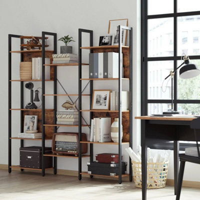 Bookcase Bookshelf 14 Storage Shelves Metal Frame Rustic Brown Black - image 1