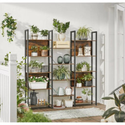 Bookcase Bookshelf 14 Storage Shelves Metal Frame Rustic Brown Black - thumbnail 5