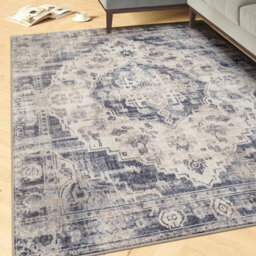 Loomed Beige Blue Distressed Vintage Medallion Washable Living Room Area Rug 160Cm X 230Cm - thumbnail 1
