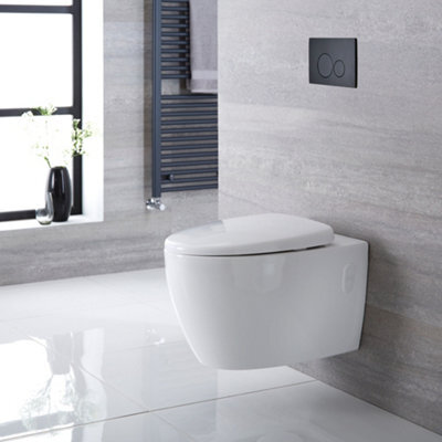Homestylestore White Ceramic Bathroom Wall Hung Round Rimless Toilet Wc Tall Wall Frame And Black Rectangular Flush Plate - image 1