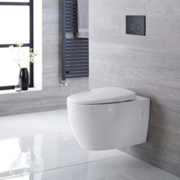 Homestylestore White Ceramic Bathroom Wall Hung Round Rimless Toilet Wc Tall Wall Frame And Black Rectangular Flush Plate - thumbnail 1