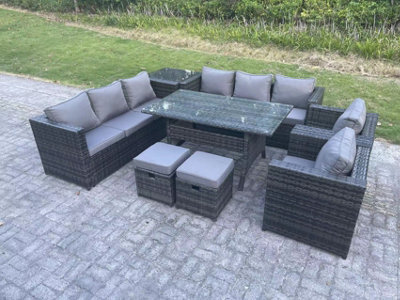 Fimous Garden Furniture Rattan Lounge Sofa Set Patio Rectangular Dining Table With 2 Armchair Side Table 2 Footstool 10 Seater - image 1