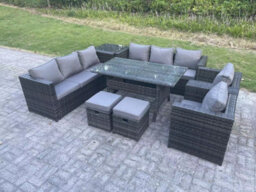 Fimous Garden Furniture Rattan Lounge Sofa Set Patio Rectangular Dining Table With 2 Armchair Side Table 2 Footstool 10 Seater - thumbnail 1