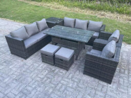 Fimous Garden Furniture Rattan Lounge Sofa Set Patio Rectangular Dining Table With 2 Armchair Side Table 2 Footstool 10 Seater - thumbnail 2