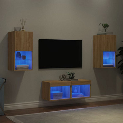 Berkfield 4 Piece Tv Wall Cabinets With Led Lights Sonoma Oak - image 1