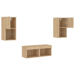 Berkfield 4 Piece Tv Wall Cabinets With Led Lights Sonoma Oak - thumbnail 6