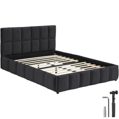Tectake Shirley Upholstered Bed With Slatted Frame, Weight Capacity 250 Kg 140 X 200 Cm -  30 Cm -  Velvet Look Black - image 1