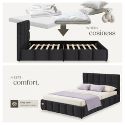 Tectake Shirley Upholstered Bed With Slatted Frame, Weight Capacity 250 Kg 140 X 200 Cm -  30 Cm -  Velvet Look Black - thumbnail 7