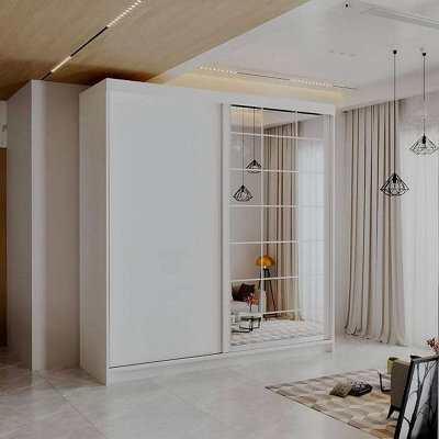 Sliding Wardrobes 4 u LTD Modern Led Light Sliding Wardrobe  - 200Cm/250Cm Bedroom Storage With Drawers, Shelves & Hanging Rails - White - image 1