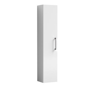 Balterley Level Modern Bathroom 1 Door Wall Hung Tall Unit With Soft-Close Door, Gloss White With Brushed Pewter Handle, 300 mm