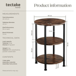Tectake Bedside Table Colchester - Industrial Style, Round With 3 Shelves, 40 X 61 Cm - Industrial Wood Dark, Rustic - thumbnail 6