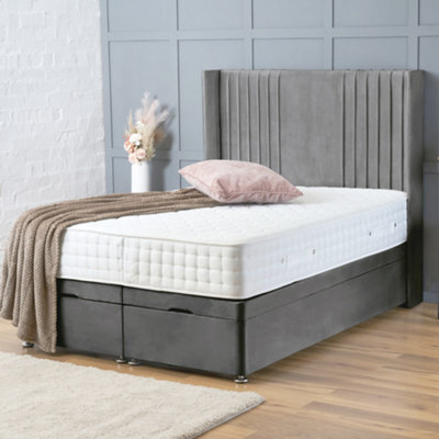 Bsspoke Ottoman Divan End Lift Up Bed Grey Plush With Orthopaedic Mattress & 54Inch Winged Panel Headboard In All Sizes - image 1