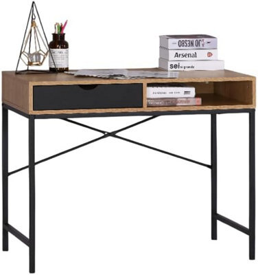 Industrial Computer Desk With Drawer Home Office Study Writing Table Wooden Workstation Oak Effect Black Metal Frame - image 1