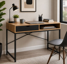 Industrial Computer Desk With Drawer Home Office Study Writing Table Wooden Workstation Oak Effect Black Metal Frame - thumbnail 9