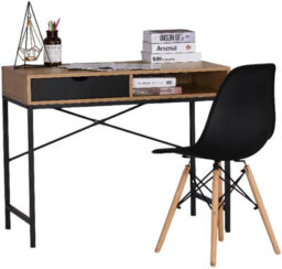 Industrial Computer Desk With Drawer Home Office Study Writing Table Wooden Workstation Oak Effect Black Metal Frame - thumbnail 5