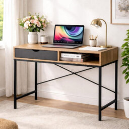 Industrial Computer Desk With Drawer Home Office Study Writing Table Wooden Workstation Oak Effect Black Metal Frame - thumbnail 4