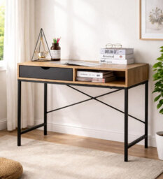 Industrial Computer Desk With Drawer Home Office Study Writing Table Wooden Workstation Oak Effect Black Metal Frame - thumbnail 6