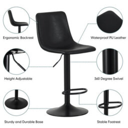 MCC Direct Set Of 2 Height Adjustable Kitchen Bar Stool Breakfast Chairs With Footrest Black- Stefan - thumbnail 2