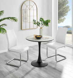 Furniturebox Elina White Marble Effect Round Pedestal Dining Table With Curved Black Support And 2 White Faux Leather Lorenzo Chairs - thumbnail 1
