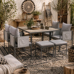Wyld Haus Layori 9-Piece Grey Cube Garden Dining Set - Steel Frame, Wood-Effect Pspc Tabletop, Cushioned Seating