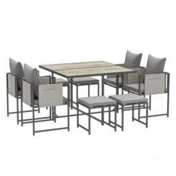 Wyld Haus Layori 9-Piece Grey Cube Garden Dining Set - Steel Frame, Wood-Effect Pspc Tabletop, Cushioned Seating - thumbnail 2