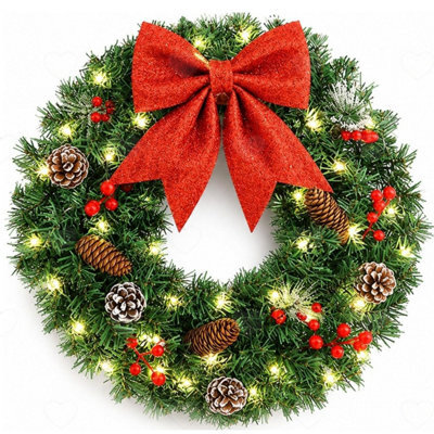 Amorly 40Cm Pre Lit Christmas Wreath For Front Door, Led Lighted Artificial Wreath With Red Bow, Berries Pine Cones, Battery Powered - image 1
