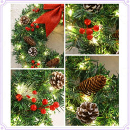 Amorly 40Cm Pre Lit Christmas Wreath For Front Door, Led Lighted Artificial Wreath With Red Bow, Berries Pine Cones, Battery Powered - thumbnail 5