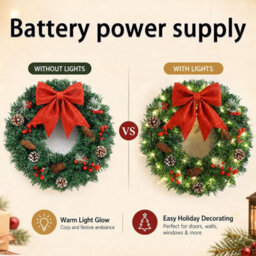 Amorly 40Cm Pre Lit Christmas Wreath For Front Door, Led Lighted Artificial Wreath With Red Bow, Berries Pine Cones, Battery Powered - thumbnail 4