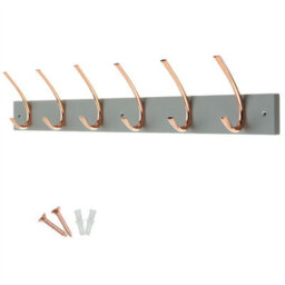 Keypak Wall Mounted Coat Rack 6 Polished Copper Hooks On Grey Board - 69Cm Wide Wooden Organiser For Entryways, Bedrooms, Kitchens