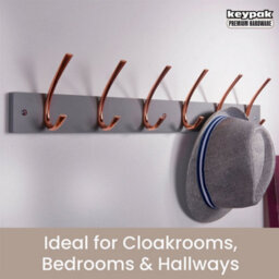 Keypak Wall Mounted Coat Rack 6 Polished Copper Hooks On Grey Board - 69Cm Wide Wooden Organiser For Entryways, Bedrooms, Kitchens - thumbnail 4
