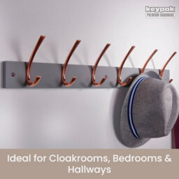 Keypak Wall Mounted Coat Rack 6 Polished Copper Hooks On Grey Board - 69Cm Wide Wooden Organiser For Entryways, Bedrooms, Kitchens - thumbnail 5