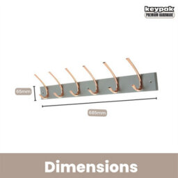 Keypak Wall Mounted Coat Rack 6 Polished Copper Hooks On Grey Board - 69Cm Wide Wooden Organiser For Entryways, Bedrooms, Kitchens - thumbnail 2