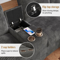Abrihome Grey Corduroy U-Shaped Sectional Sofa With 2 Storage Ottomans, Usb-C Charging & Cup Holders - thumbnail 2