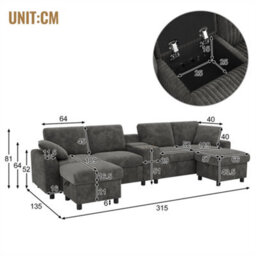 Abrihome Grey Corduroy U-Shaped Sectional Sofa With 2 Storage Ottomans, Usb-C Charging & Cup Holders - thumbnail 6