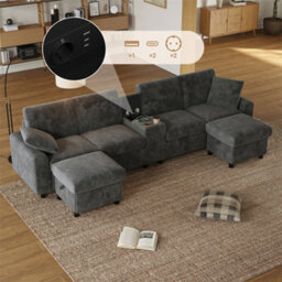 Abrihome Grey Corduroy U-Shaped Sectional Sofa With 2 Storage Ottomans, Usb-C Charging & Cup Holders - thumbnail 5