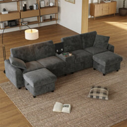 Abrihome Grey Corduroy U-Shaped Sectional Sofa With 2 Storage Ottomans, Usb-C Charging & Cup Holders - thumbnail 7