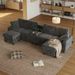 Abrihome Grey Corduroy U-Shaped Sectional Sofa With 2 Storage Ottomans, Usb-C Charging & Cup Holders - thumbnail 8