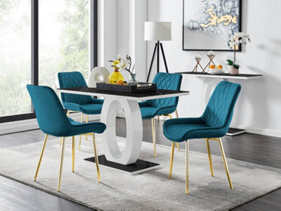 Furniturebox Giovani Rectangular 4 Seat White High Gloss Unique Halo Base Dining Table Black Glass Top 4 Blue Velvet Gold Leg Pesaro Chairs - image 1