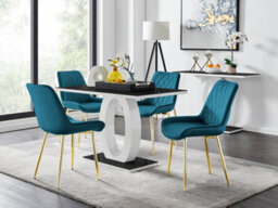 Furniturebox Giovani Rectangular 4 Seat White High Gloss Unique Halo Base Dining Table Black Glass Top 4 Blue Velvet Gold Leg Pesaro Chairs - thumbnail 1