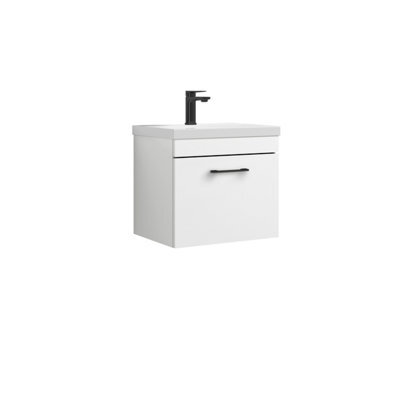 Rio 1 Drawer Wall Hung Vanity Basin Unit - 500mm - Gloss White With Square Black D-Shaped Handle (Tap Not Included) - Balterley - image 1