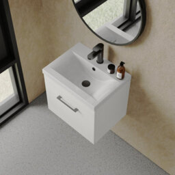 Rio 1 Drawer Wall Hung Vanity Basin Unit - 500mm - Gloss White With Square Black D-Shaped Handle (Tap Not Included) - Balterley - thumbnail 5