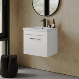 Rio 1 Drawer Wall Hung Vanity Basin Unit - 500mm - Gloss White With Square Black D-Shaped Handle (Tap Not Included) - Balterley - thumbnail 4