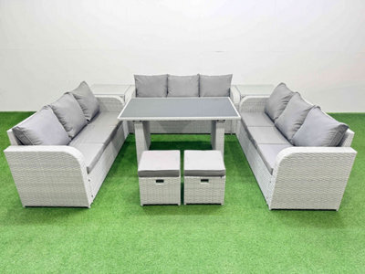 Fimous Patio Garden Furniture Sets With Black Glass Top Dining Table 3 Seater Sofa 2 Side Tables 2 Small Stool Light Grey - image 1