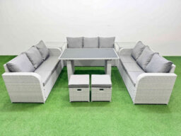 Fimous Patio Garden Furniture Sets With Black Glass Top Dining Table 3 Seater Sofa 2 Side Tables 2 Small Stool Light Grey - thumbnail 2